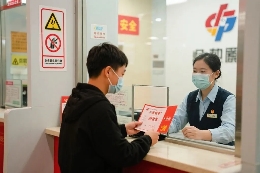 兑奖窗口,中奖者与工作人员交流核验流程